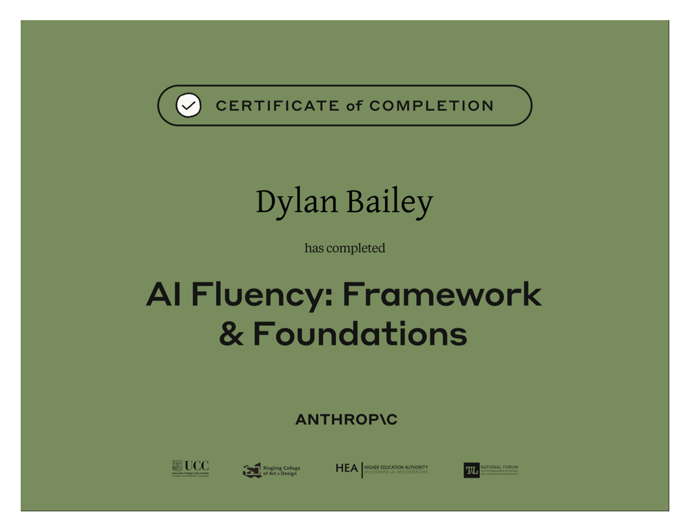 Anthropic certificate: AI Fluency: Framework & Foundations — Dylan