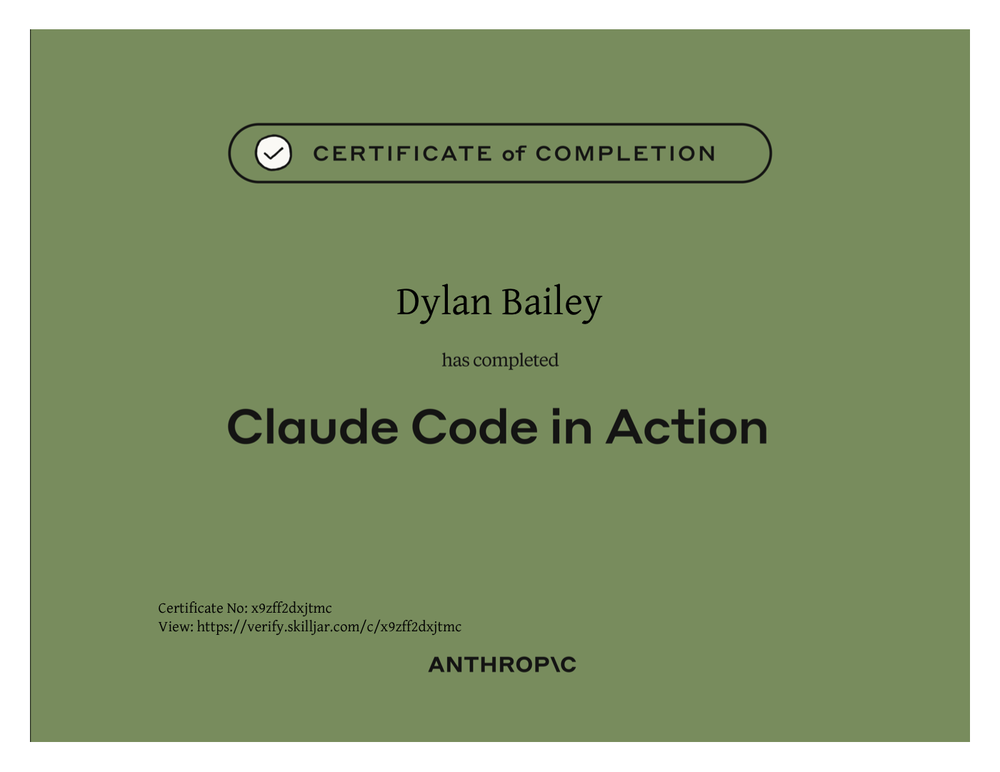 Anthropic certificate: Claude Code in Action — Dylan