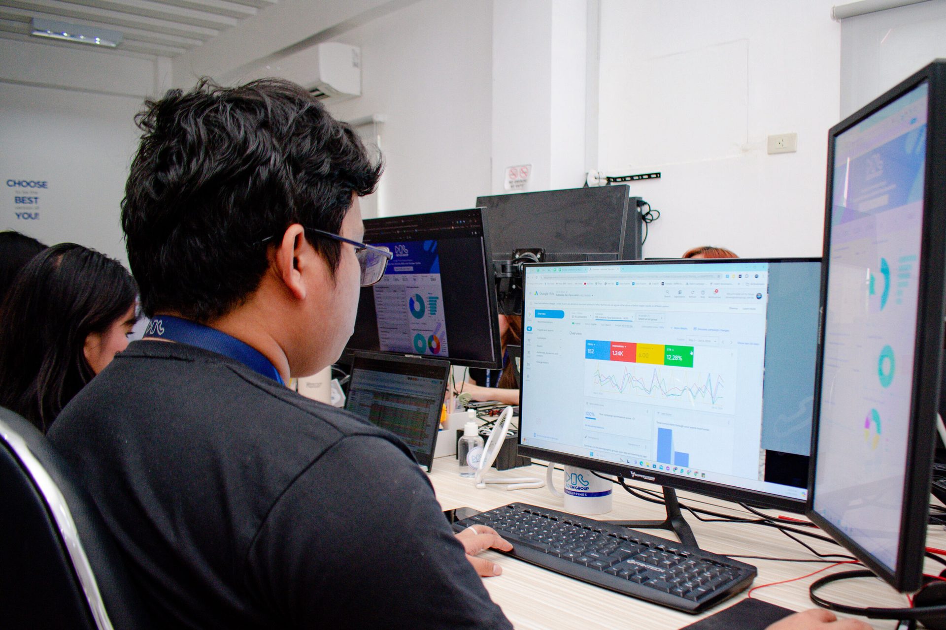 Ad On Group team member reviewing a Google Ads campaign dashboard showing clicks, impressions and click-through rate