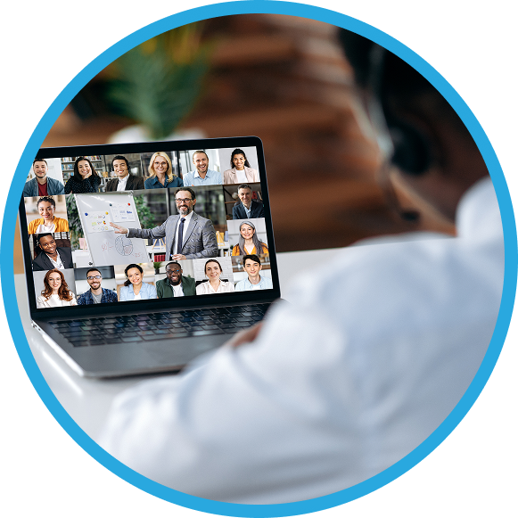 A video call with team members joining from multiple locations